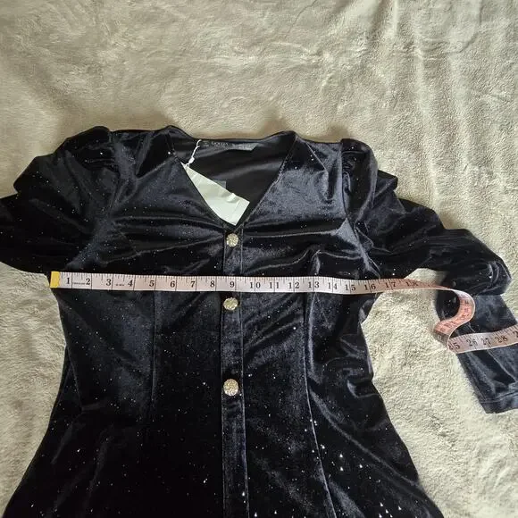 Black Velvet Mini Dress Button Front Long Sleeve Sparkle Holiday Party Cocktail - Picture 13 of 16